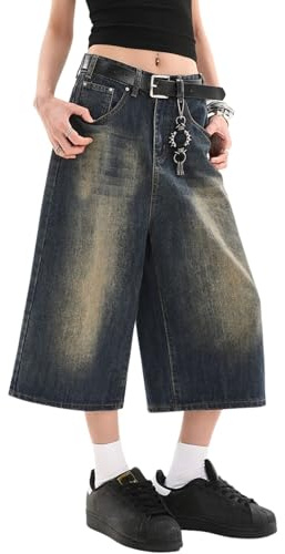 Lafaguw Jeans Corti per Donne Uomini a Vita Alta Gamba Larga Jorts Larghi Y2K Casual Denim Capris Pantaloni Grunge Vestiti Estivi., Blu retrò 1, M Corto