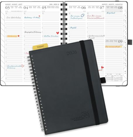 POPRUN Agenda 2026 Semana Vista Espiral Medio 22 x 16,5 cm, Tapa Blanda en 12 Meses de Ene 2026 a Dic 2026, Regla Posicionable, 100 GSM Papel, negro