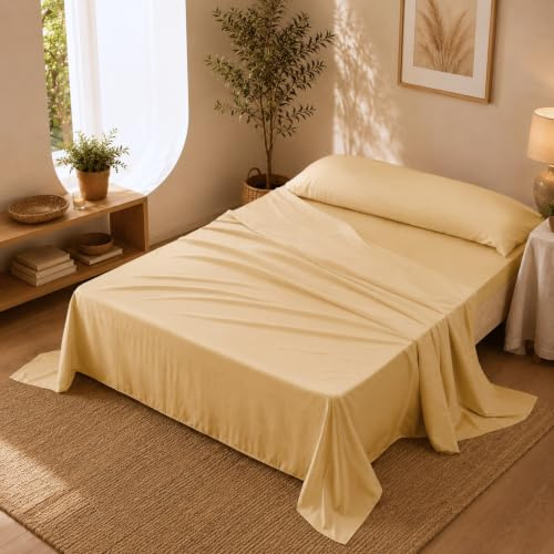 Sábanas 90x190 - Juego de Sábanas 3 Piezas - 100% Microfibra Suave y Transpirable - Sábana Bajera Ajustable, Encimera y Funda Almohada - Ropa de Cama Ligera (Crema)