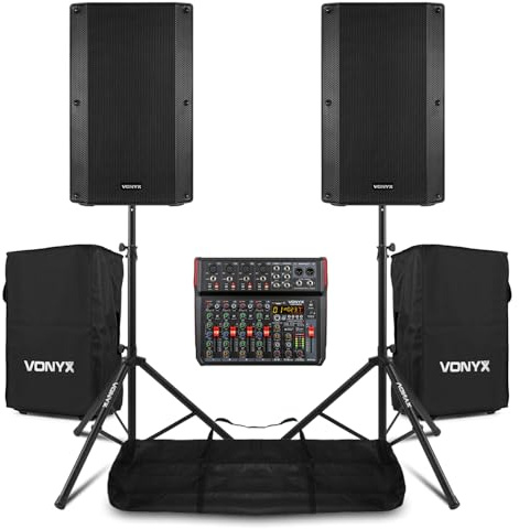 VONYX VSA12 Active PA System with VM-KG08 8-Channel Audio Mixer, Bluetooth & DSP Effects, Pair of Tripod Stands, Protective Speaker Bags & 6m XLR Cable - Complete 1600W Live Sound Setup