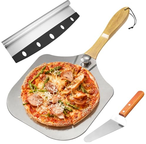 Mokaskaidj 3 st pizzaspade med fällbart trähandtag, pizzaskärare rostfritt stål, pizzatillbehör, rostfri pizzamkniv, högkvalitativ pizzaspade av aluminium, pizzaspade, platsbesparande