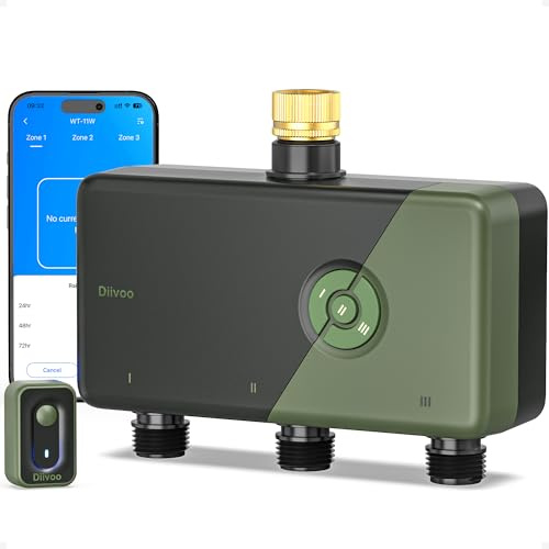 Diivoo 3 Zone WiFi Water Timer with Brass Inlet, Smart Sprinkler Hose Timer 3 Outlets Compatible with Alexa/Google Assistant, 18 Irrigation Plans, Rain Delay & Mist Mode for Garden Lawns (2.4GHz Only)