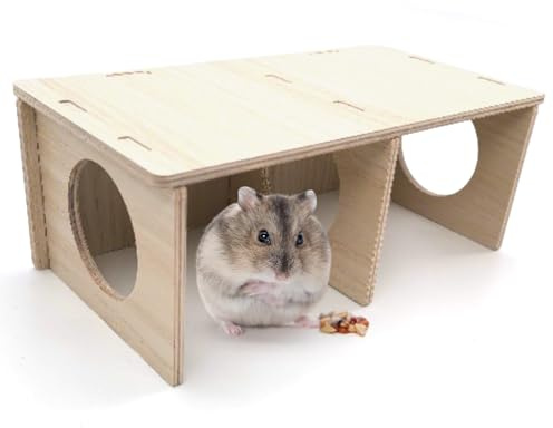 DiiWmme 3 Chamber Hamster Hide, Wooden Small Animal Shelter and Exploration Platform, Natural Hamster House for Hamsters, Guinea Pigs, Rats, Gerbils, Chinchillas, Indoor Habitat Décor Hideout Toy