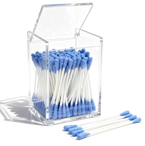 WORHE Q-Tip-Halter mit Deckel,Acryl-Wattebäusche-Organizer 7.5 x 6.5 x 10cm