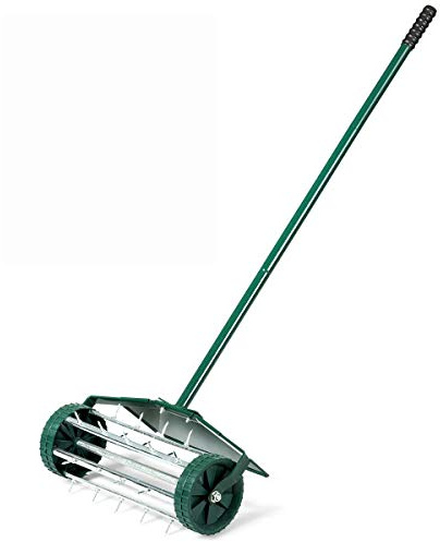 Goplus Rolling Lawn Aerator, 18-Inch Garden Yard Rotary Push Tine Heavy Duty Spike Soil Aeration, Manual Lawn Aeration Tool w/ 41-Inch Handle (Green w/Fender)
