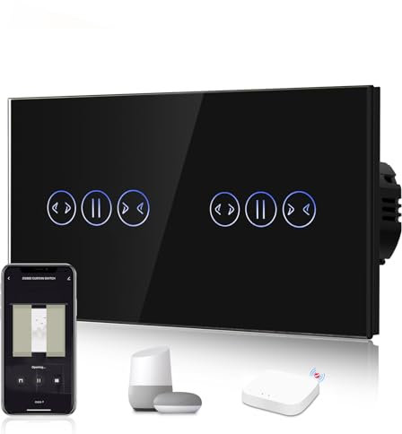 BSEED Intelligent WIFI Interrupteur Tactile de Volet Roulant, Nécessite Un Fil Neutre, Interrupteur Mural en Verre, Double 1 Gang 1 Voie, Compatible avec Alexa/Google, Noir