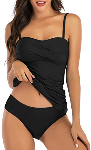 Shuangyu Tankini Bathing Suits for Women Ruched Bandeau Two Piece Swimwear Tummy Control Tankini Swimsuits with Bikini Bottom Black L