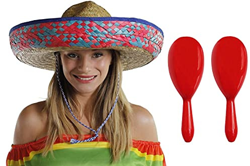 Mexikansk Sombrero halmhatt med maracas – perfekt för mexikanska fester Fiesta fin klänning firande hattar (3 blå/röda hattar + matchande maracas)