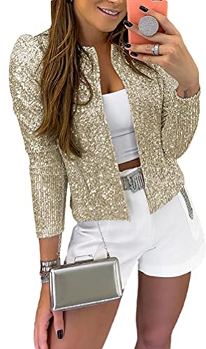 Onsoyours Chaqueta con Lentejuelas Brillantes para Mujer Cárdigan Jersey de Manga Ropa de Fiesta Larga Bolero Top Cortos Elegante Blazer Glitter Party