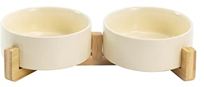 SPUNKYJUNKY Keramik Doppel Futternapf mit Bambus Ständer für Katzen und Hunde (400ml, Beige)