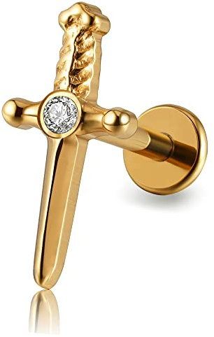 FINE4U Gold Sword Piercing Jewelry for Conch, Tragus, Helix 16G 8mm - ASTM F136 Titanium Cartilage Earring, Implant Grade Internally Threaded Hypoallergenic Flatback Stud