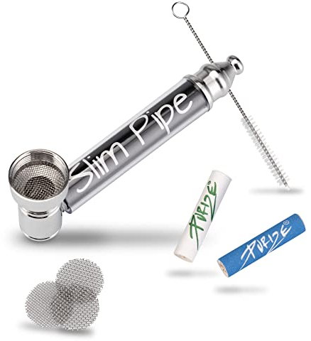 Slim Pipe Pfeifen Set - Rauchpfeife Tabakpfeife mit Aktivkohle Fach - inklusive 2 x 6mm Aktivkohlefilter, Bürste und Metall Einlege Siebe - 7 cm Pur Pfeife aus Metall für Tabakwaren