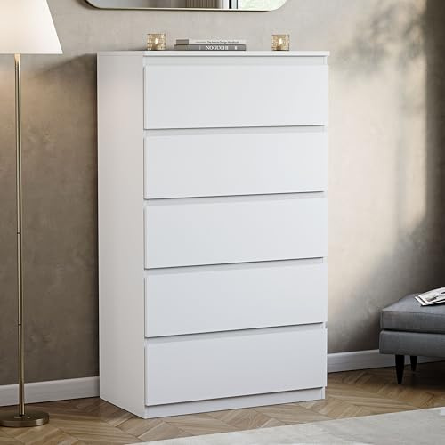 Vida Designs Denver 5 Drawer Chest of Drawers | White | Space-Saving Storage | 117H x 70W x 40D cm | Minimal | Smooth Metal Runner | Engineered Wood | Modern Bedroom Chest of Drawers Unit