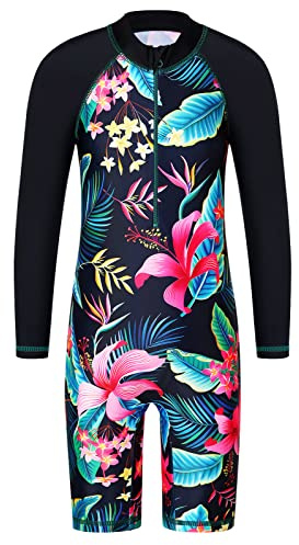 HUAANIUE Girls UPF 50+ UV One Piece Swimwear Kids Bodysuit Beachwear with Ziper Surfing Pink Swimming Children Bathing Costume 4-11 Years(BlackFlower,164/170)