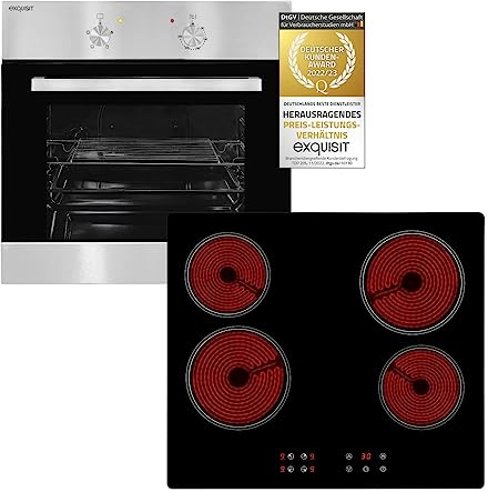 Exquisit Einbau Herd Set Backofen Glaskeramik-Kochfeld rahmenlos autark Timer, Silver