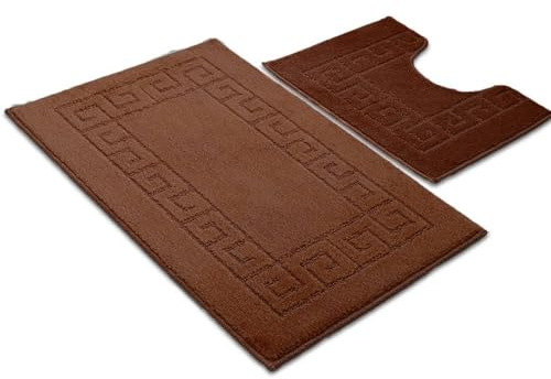 Ambience Products Greek Key Pattern Bath Mats 2 Piece Sets Non Slip Bathroom Mat, Soft Washable Rug Quick Dry Water Absorbent Bathroom Shower Mat & Pedestal Set (Chocolate)