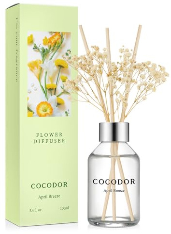 COCODOR Flower Reed Diffuser Set / 3.4oz / April Breeze/Scent Diffuser with Sticks Home Fragrance Reed Diffuser for Bathroom Shelf Decor