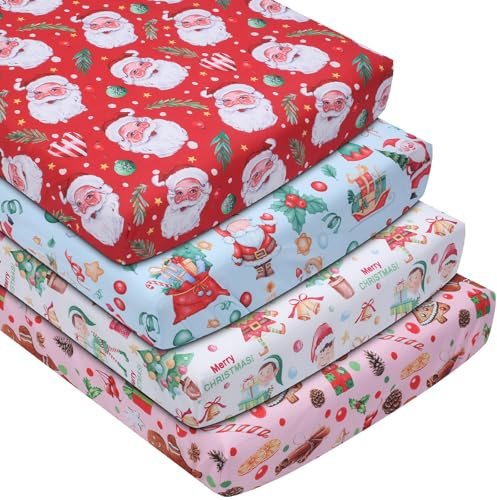 FuWeave 4 Pcs Christmas Crib Sheets, Santa Claus Gingerbread Gnome Tree