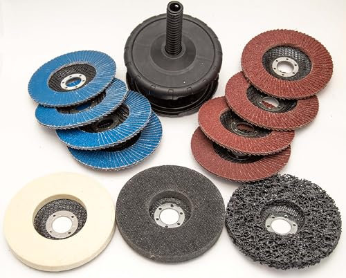 Juego de 11 discos de abanico y pulido de 125 x 22,23 mm. 1 disco de limpieza grueso, 1 disco de pulido de fieltro de lana, 1 esponja de pulido, 4 discos de abanico AO, 4 discos de abanico ZO