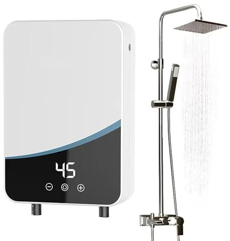 POCDOKYZ 5500W Instant Water Heater, 110V/220V Mini Electric Water Heater with LED Display, 3 Seconds Fast Heating+ Energy Saving + Pressurized Shower Head, for Kitchen Bathroom,Natural