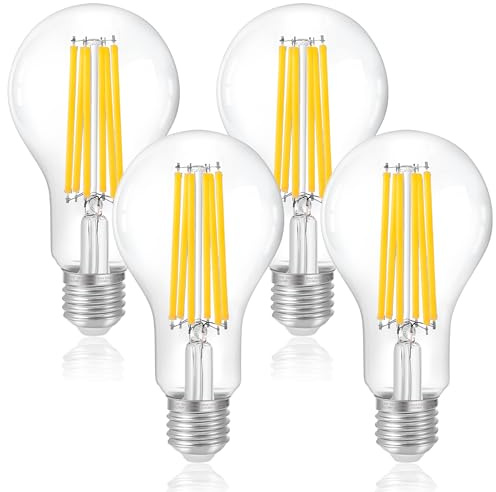 FLSNT Edison E27 LED-lampa, A70 LED-filamentlampa 3000LM superljus 18W (motsvarande 200 W), varmvit 3 000K, dimbar, transparent glas, set med 4