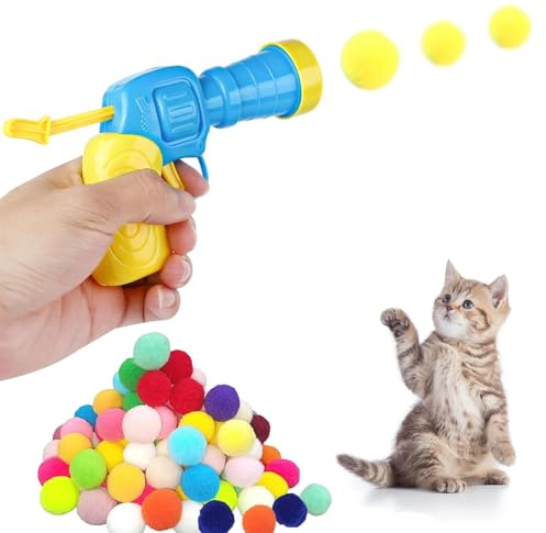 Interactive Cat Toy Launcher,Cat Ball Gun with 50pcs Soft Pom Pom Balls,Funny Cats Ball Launcher,Cats Balls Shooting Gun Toy,Kitten Fetch Toys for Indoor Pets Exercise Training Chasing Playing.