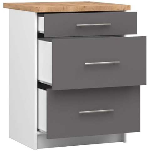 BDW - Küchenschrank Weiß/Grau - Schrank Küche mit Arbeitsplatte und Schubladen - Schrank 60 cm breit, 85 cm hoch - Küchenschränke Einzeln, Küchenmöbel Einzelteile