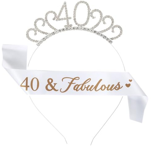 40. Geburtstag Krone Schärpe, 40 Geburtstag Frauen Deko Schärpe und Tiara, 40. Geburtstag Geschenke Krone für Birthday Party, für 40 Geburtstag Deko Geschenk und Frauen Party Accessoires (Weiß)