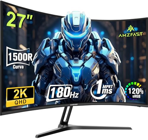 Amzfast Curved Gaming Monitor 27 Zoll - 180Hz, QHD 2560x1440, 1ms, Adaptive Sync, 90% DCI-P3 | 5000:1 Kontrast, HDR10, 300 cd/m², VESA, HDMI 2.0×2, DP 1.2×2 - AMZG27C1Q