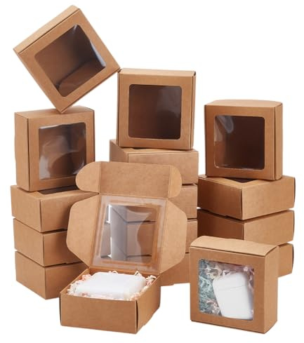 BENECREAT 30 st fyrkantiga kraftpapperslådor, presentaskar med genomskinliga PVC-fönster för bröllopspresent, choklad, kakor och andra små hantverk, 9,1 x 9,1 x 4 cm