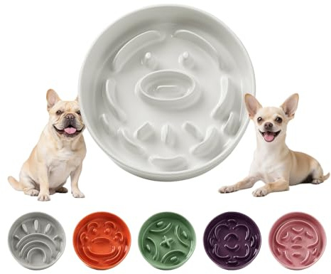Comedero Perro Antivoracidad Ceramica - Plato Comida con Laberinto para Alimentación Lenta - Cuenco para Perros Pequeños - 80 g - 16 cm - Blanca