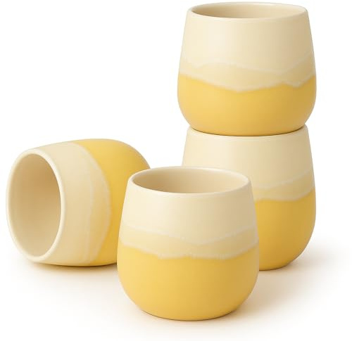 Goodwei Tazas de té japonesas – Tazas de cerámica sin asa, forma redondeada y diseño minimalista – Perfectas para té, matcha, café o espresso - Juego de 4, 200 ml (Fuji Yellow)