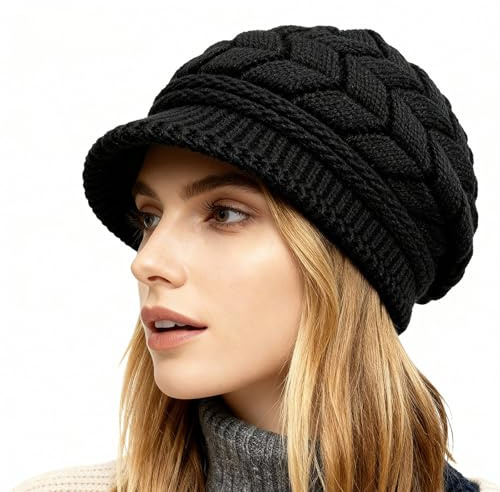 QINQINZIJIN Bonnet d'hiver pour Femme, Bonnet Femme Hiver Chaud avec Visière, Chapeau Femmes Hiver avec Doublure en Polaire, Chic Bonnets Tricot avec Visière Femmes pour Extérieur et Décontracté