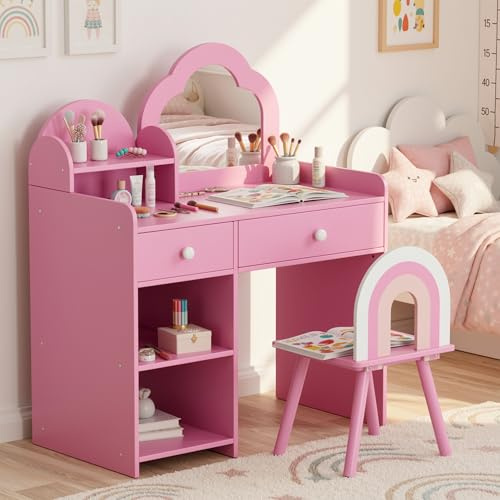 Clevich 2 in 1 Toeletta Trucco Bambina, Toeletta per Bambini con Specchio, 2 Cassetti, Armadietti, Scrivania in Legno con Sgabello, per Bambine dai 3-8 Anni (Rosa)