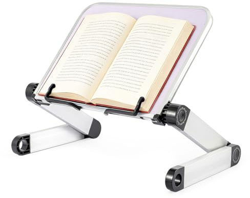 JF HOME BLISS Adjustable Book Holder Stand Lightweight Aluminum Ergonomic Reading & Cooking Book Stand with 360° Rotation for Textbooks Tablets Magazines Recipe Books Office and Home Use (White)
