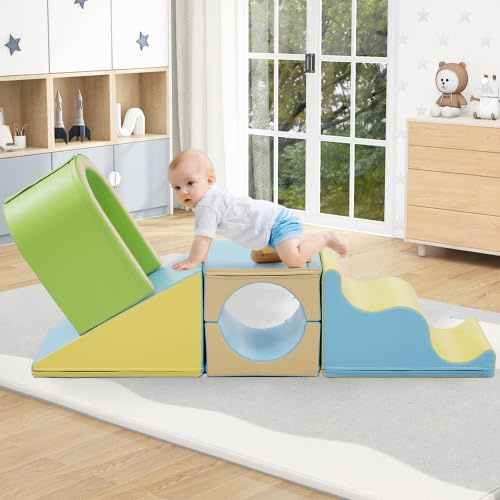vutizal Bloques de espuma para motor 6 en 1 con arco para gatear, tobogán ondulado, estructura de escalada, bloques blandos de poliuretano impermeables para interiores con a partir de 1 año para niños