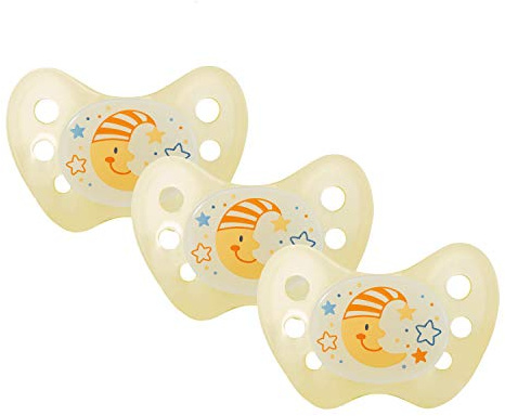 Dentistar® Nattsilikonnapp – set med 3 – nattlampa för baby – lyser i mörkret – storlek 3–14 månader – upplyst dummy – tandborste – tillverkad i Tyskland – BPA-fri – mångul