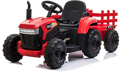 TOBBI Kids Electric Toy Tractor with Trailer, Toddlers 12V Battery-Powered 6-Wheels Vehicle, Ride On Car to Drive with 35W Dual Motor/3-Speeds/LED & Horn Functions for Chirdren Aged 3-8-Red