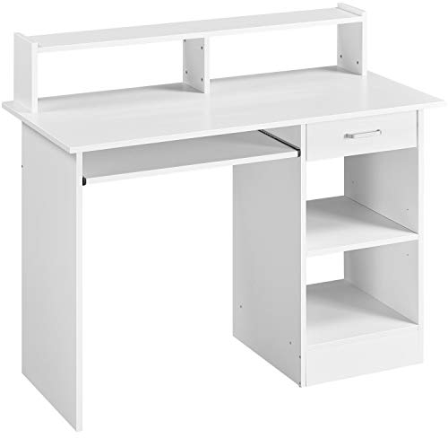 Yaheetech Bureau Blanc pour Ordinateur PC Bureau Informatique avec Porte Clavier Coulissant Tiroir et 2 étagères de Rangement Table de Bureaux pour Chambre Studio 106 x 50 x 94 cm