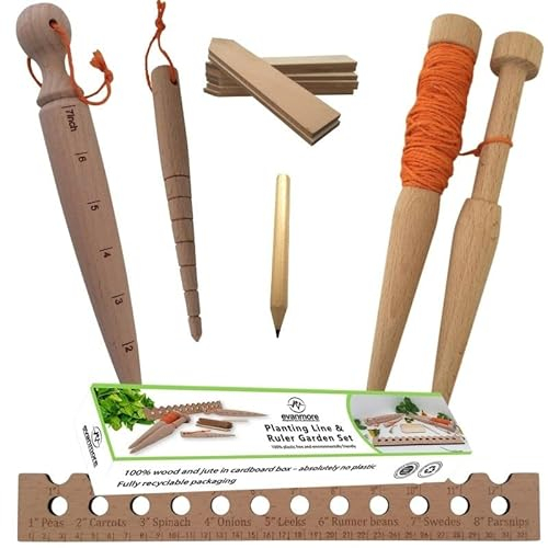 Evanmore Garden Gift Planting Tool Set - Ruler Seed & Seedling Spacer, Line Row Marker, Large & Small Dibber, 8 Seed Marker Labels & Pencil. 100% Plastic Free & Environmentally Friendly