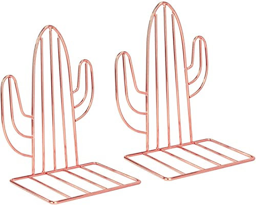 LATRAT 2 Pieces Cactus Bookends, Creative Metal Bookends, Magazines and CDs Support for Home, Office, School, Library (Rose Gold)