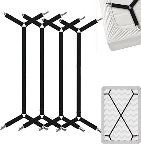 FeelAtHome Bed Sheet Holder Straps Criss-Cross - Sheets Stays Suspenders Keeping Fitted Or Flat Bedsheet in Place - for Twin Queen King Mattress Holders Elastic Clips Grippers Fasteners (4pcs, Black)