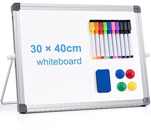 ARCOBIS Dry Erase WhiteBoard 40 x 30 cm, A3 Double Sided White Board with Stand, 10 Pens, 1 Eraser, 4 Magnet, Small Portable Desktop Magnetic Board for School Supplies Office