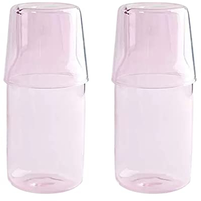 BestAlice Nachttisch-Wasserkaraffe und Glas-Set, 500 ml, Vintage-Nachttisch, Glaskaraffe mit Becher, Klarglas, Saft-Wasserbecher für Schlafzimmer, 2 Stück