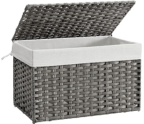 SONGMICS Cesto de Ropa Sucia, Cesta de Ratán Sintético 105 L con Tapa y Asas, Mimbre, Plegable, Forros Extraíbles, para Mantas, Ropa, Dormitorio, Baño, Lavandería, Gris Paloma RST066G01