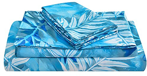 JSD Teal Blue Tropical Leaves Sheet Set Full Size, 4 Piece Printed Microfiber Sheets Extra Deep Pocket Wrinkle Free
