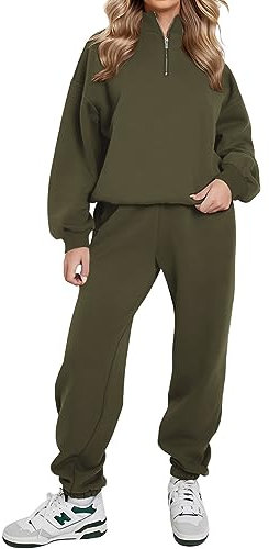 REORIA Damen Weich Baumwolle Hausanzug Dick Freizeitanzug Warm Trainingsanzug Jogginganzug Set halbem Reißverschluss Tracksuits mit Fleece-Futter Grün M