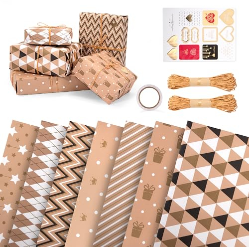 Newellsail Geschenkpapier Set 7 Blatt 70X50cm Geschenk Papier Set mit 2 Rolle Packseil und 1 Rolle Doppelseitigem Klebeband und 1 Blatt Aufkleber für Geburtstag Weihnachten Valentinstag