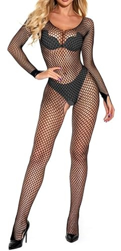 CZSABXY Women's One Piece Fishnet Lingerie Bodysuit Mesh Bodystocking Rave Outfits For Women Jumpsuit(Black)