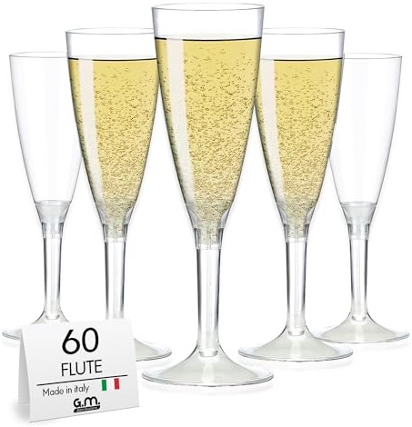 GM 60 Pezzi Bicchieri Flute Trasparenti cc.120, Calice Monouso, Usa e Getta, per Prosecco, Champagne, Bollicine, per Bar o uso Casalingo, in PET Riciclabile